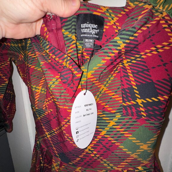 Unique Vintage 1950s Burnt Orange & Green Plaid Lamar Swing Dress (Size XL/14) - Picture 7 of 8